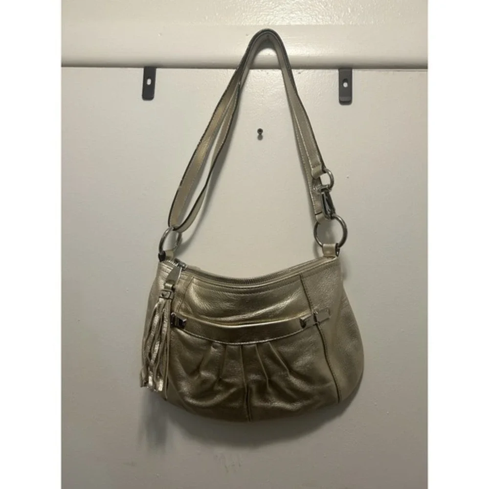 B Makowsky‎ Women's Pebbled Leather Crossbody Champaign Metallic Handbag Y2K